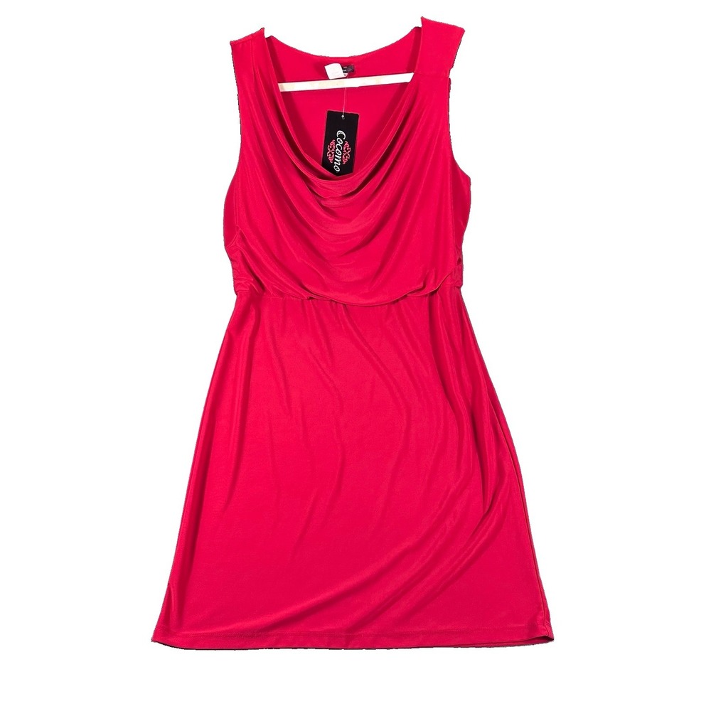 Cocomo Red Dress Large Cowl Neck Blouson Knee MIDI Elastic Waist Flattering Fit